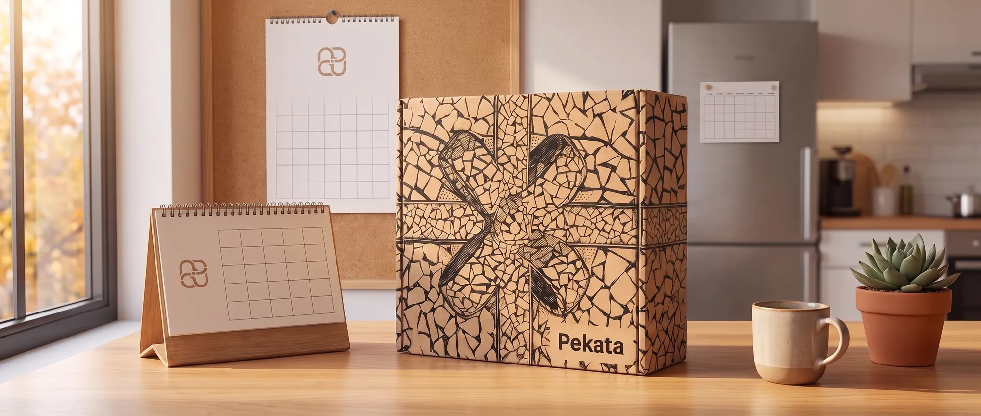 Bordkalender og vægkalender med en virksomheds logo på et skrivebord ved siden af en Pekata-kasse samt en magnetkalender på en køleskabsdør
