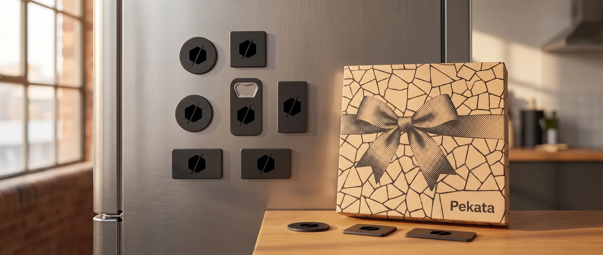 Speciallavede magneter i fleksibel vinyl og træ med trykt firmalogo