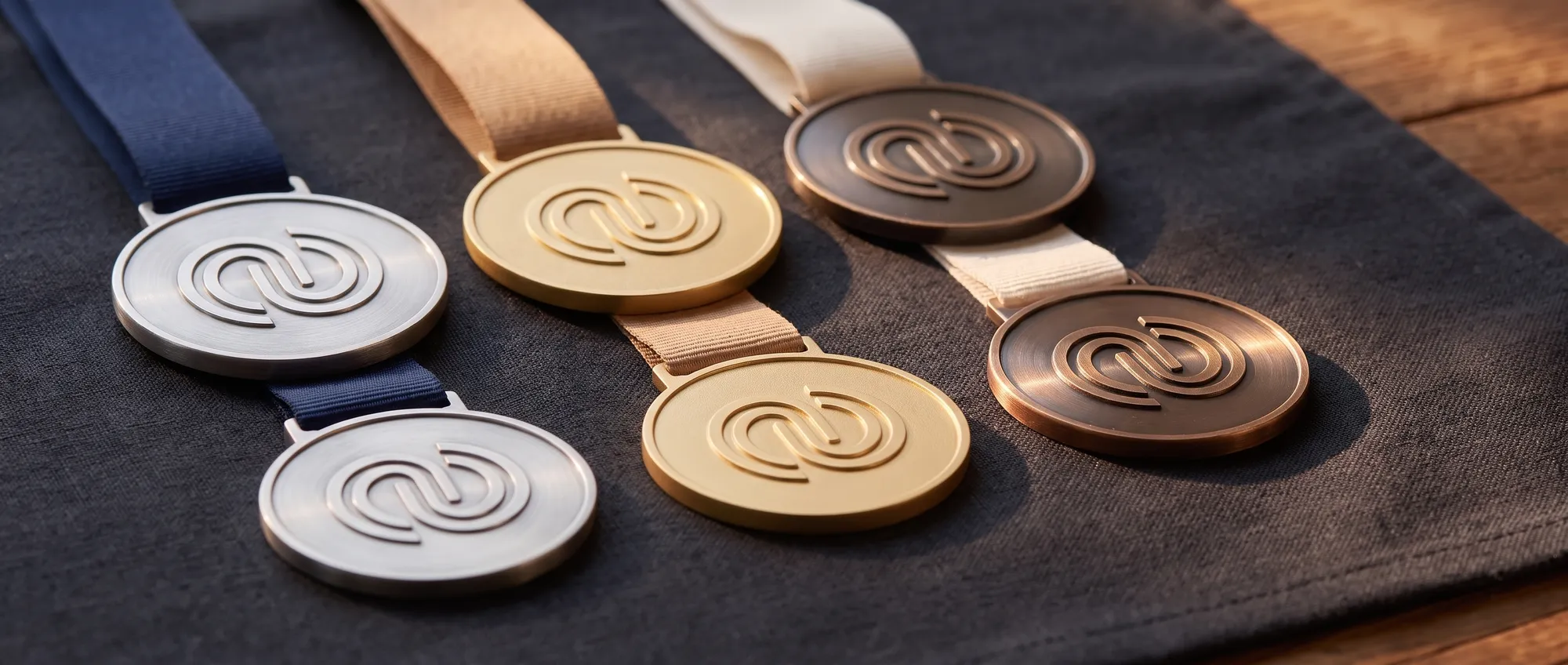 Zamak, acrylic and wooden medals customised with a company logo and sublimated ribbon