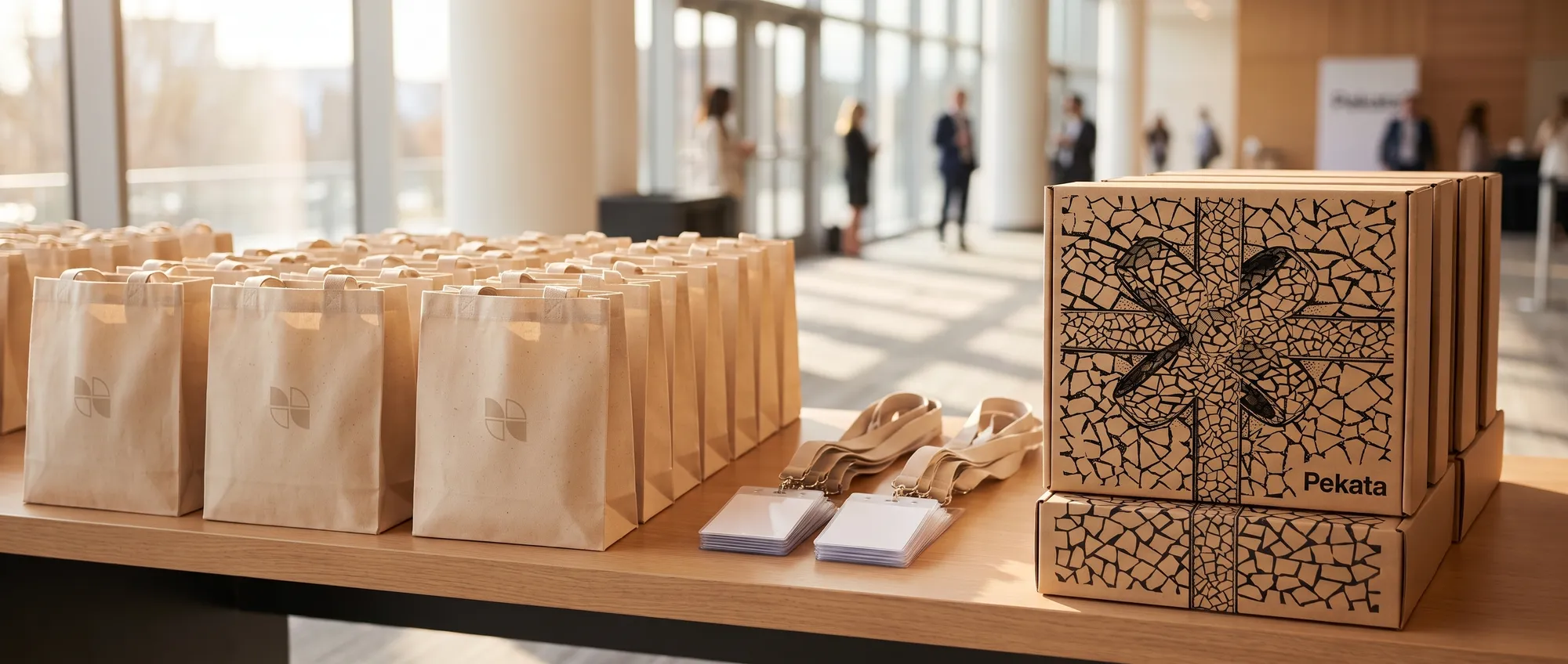 Registration desk at a company convention with goodie bags, lanyards and stacked Pekata boxes