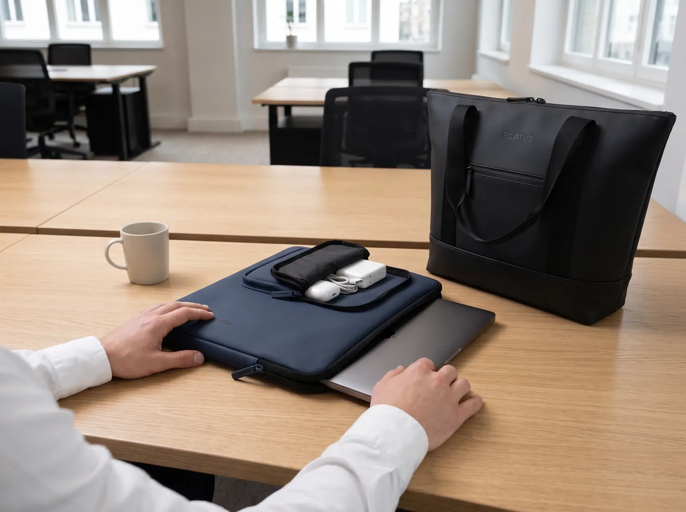 Marineblå Pilatus laptopsleeve og sort tote bag på et kontorbord