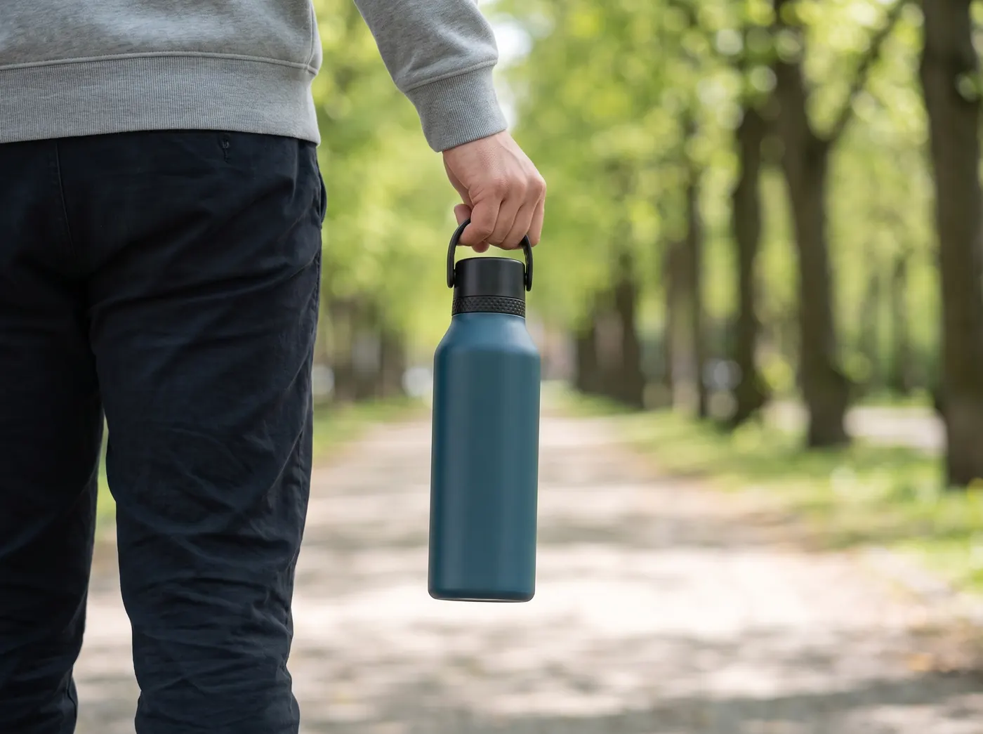En person går gennem en park med en blå Runbott termoflaske i hånden