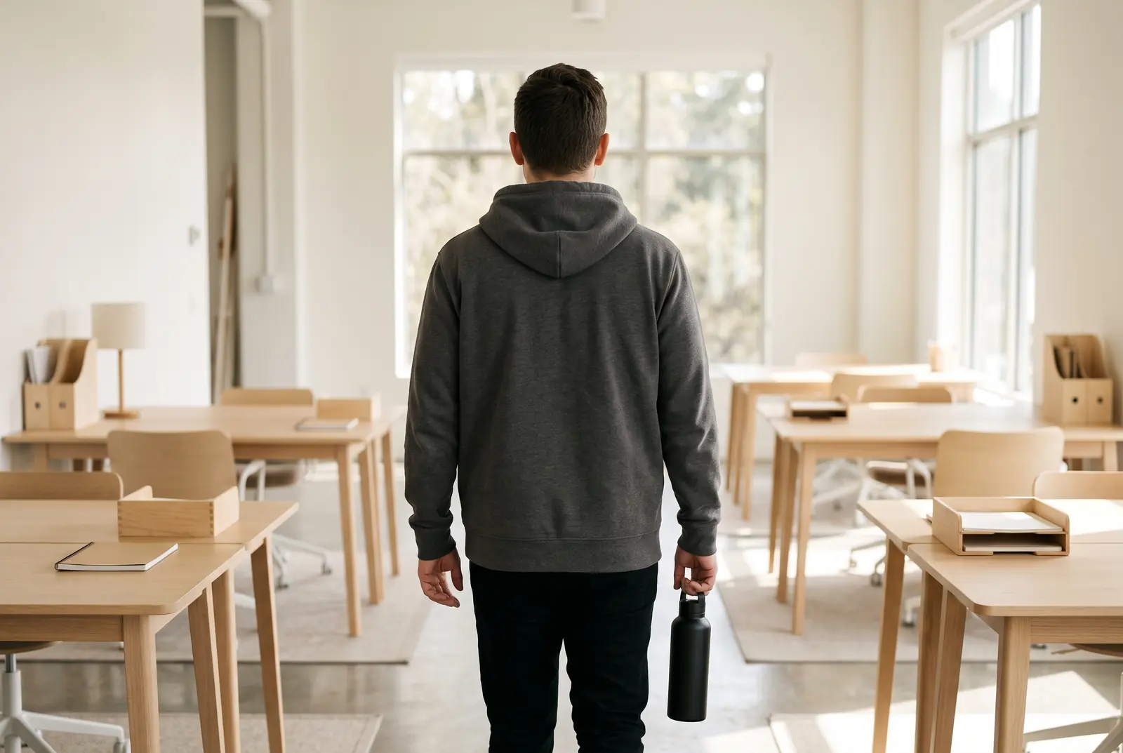 Lyst kontor med en person i en ensfarvet hættetrøje med ryggen til