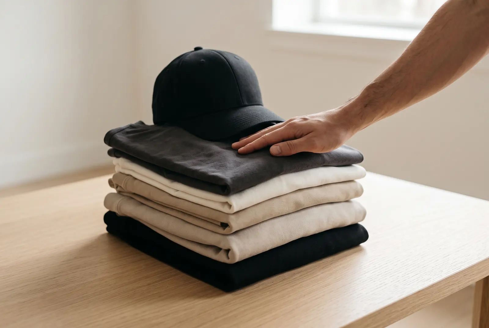 Stak af foldede T-shirts og hættetrøjer i neutrale toner